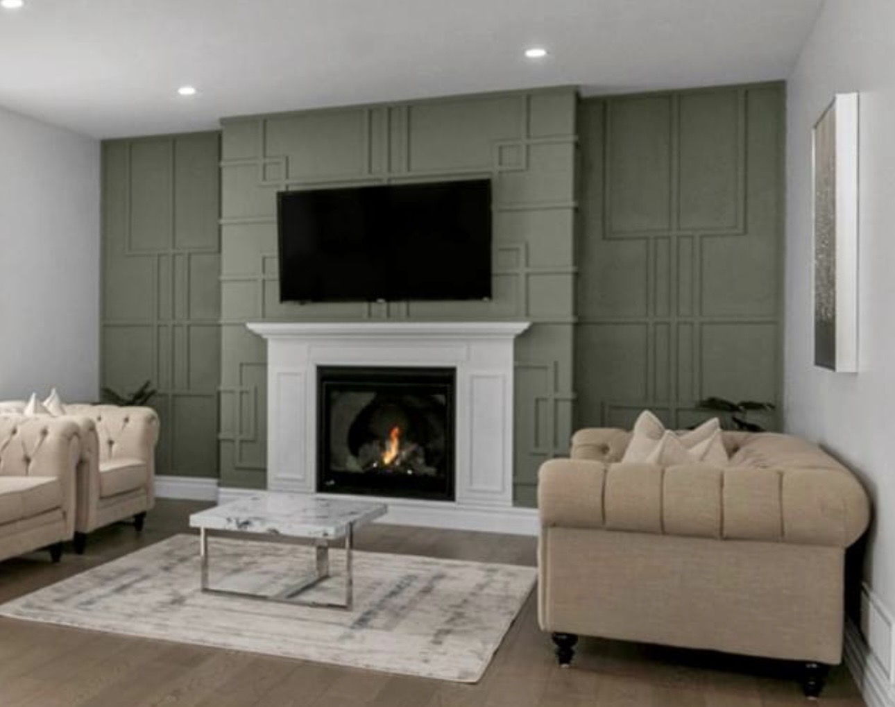 Grey panel moulding around fireplace