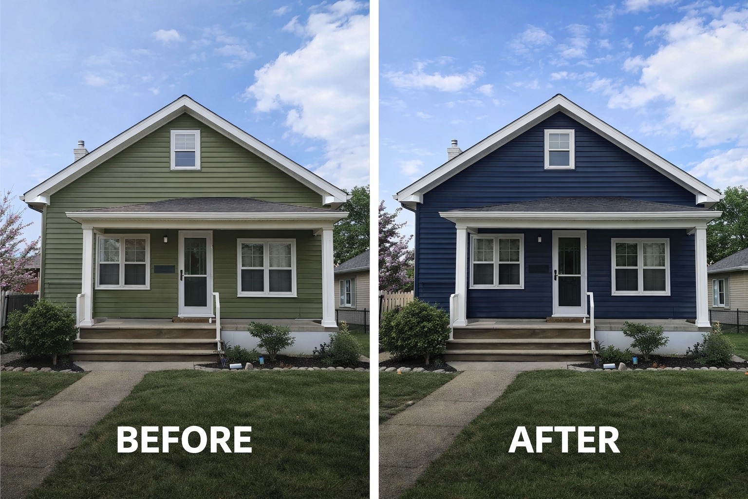 Green siding repainted navy blue before and after