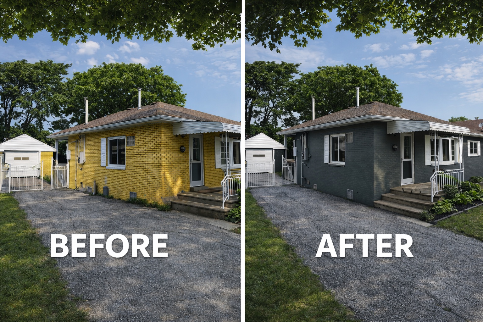 Yellow brick home repainted charcoal before and after