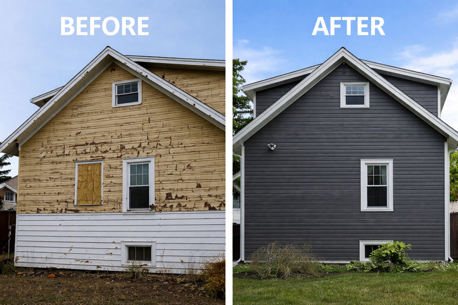 Peeling siding restored in charcoal before and after