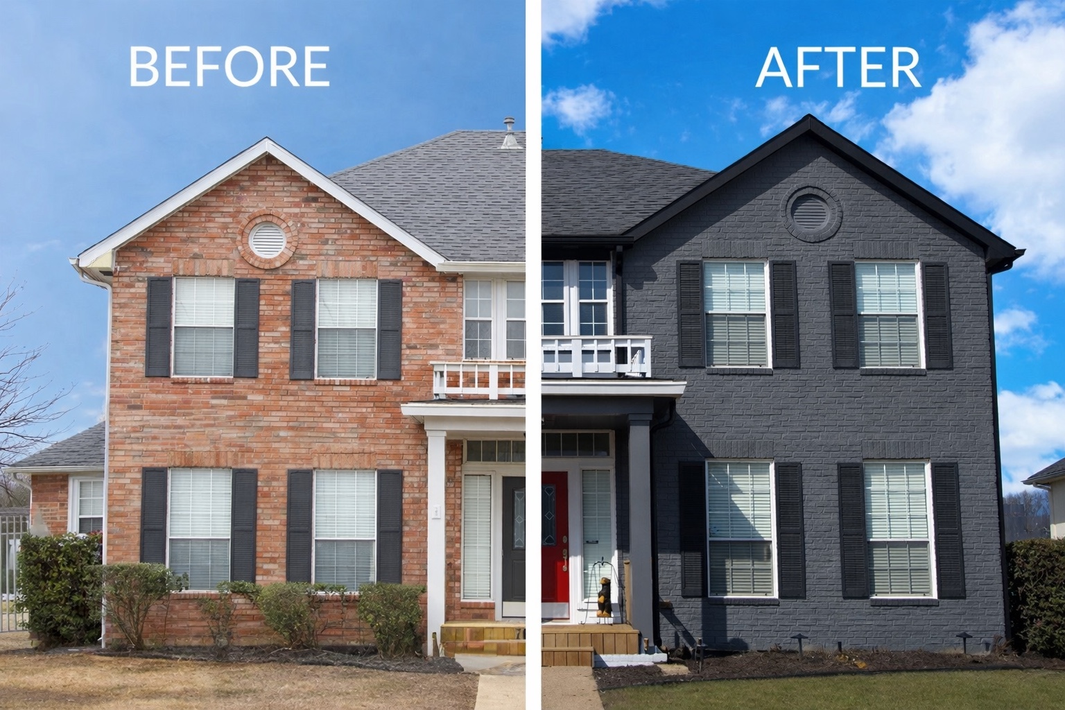 Red brick house painted dark grey before and after
