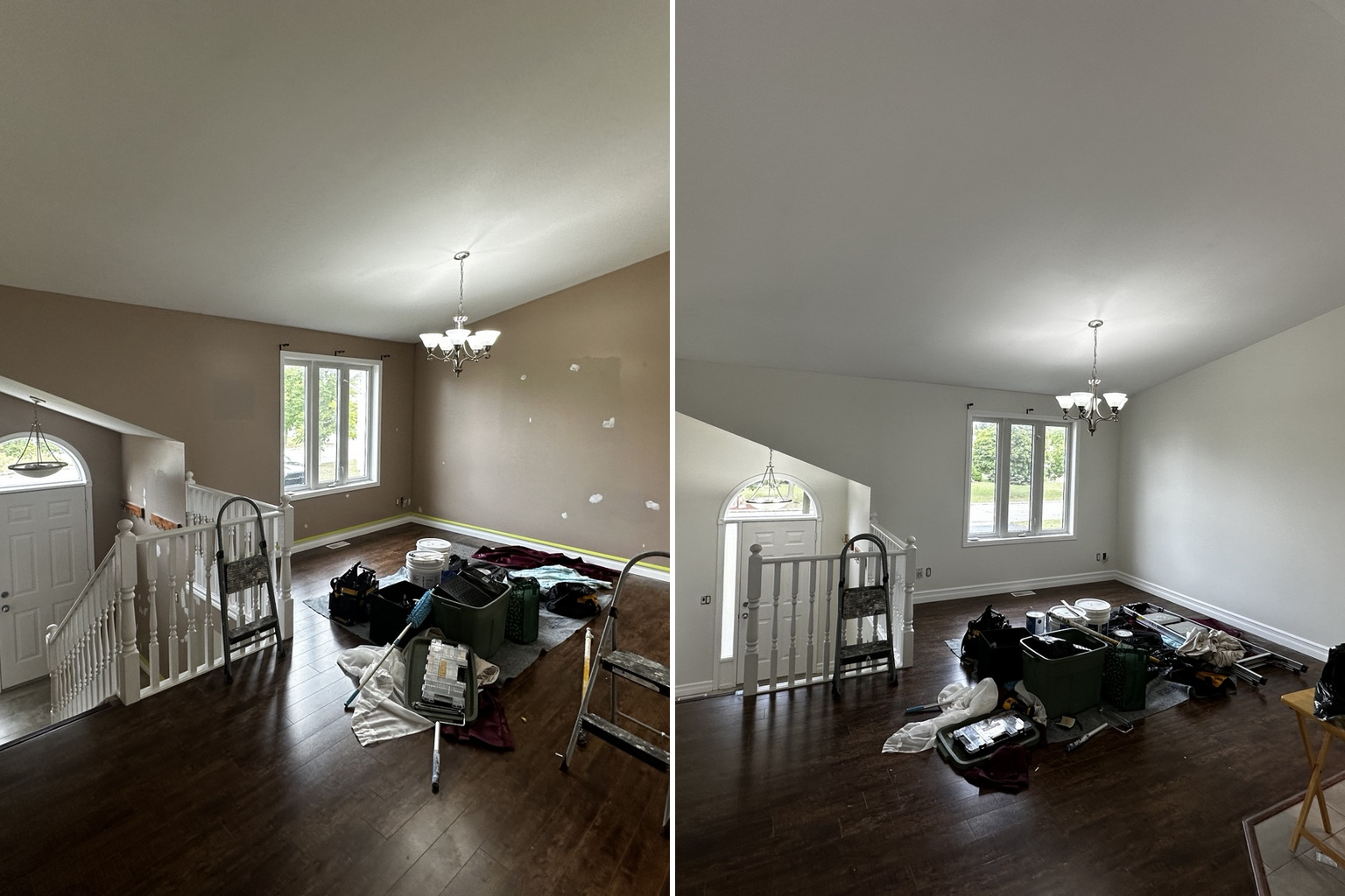 Living room walls before and after professional preparation and painting