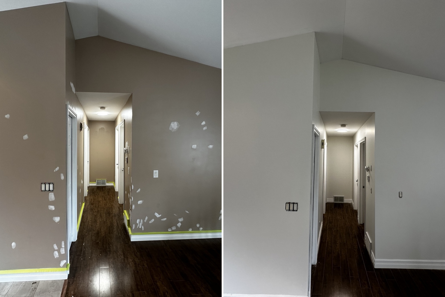 Interior hallway walls before and after drywall repair and painting