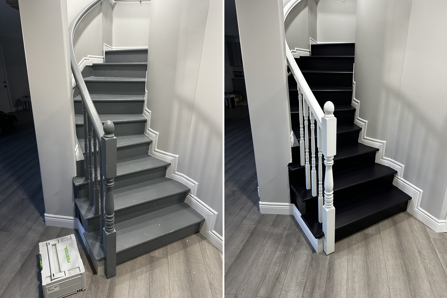 Interior staircase before and after refinishing