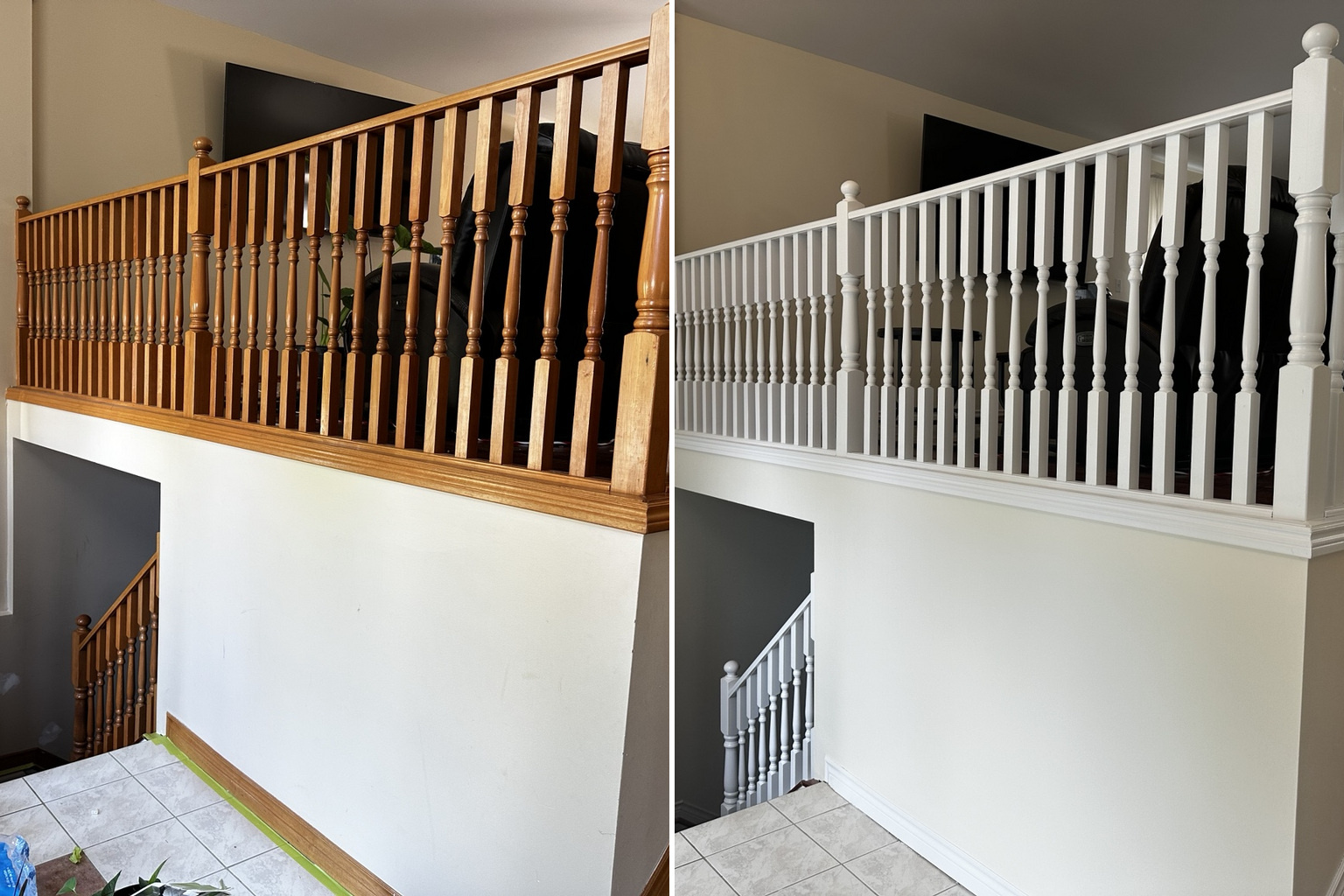 Wood railing before and after white refinishing